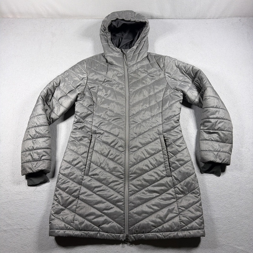 Columbia Coat Womens Large Gray Omni-Heat Hooded Long Puffer Warm Winter Jacket